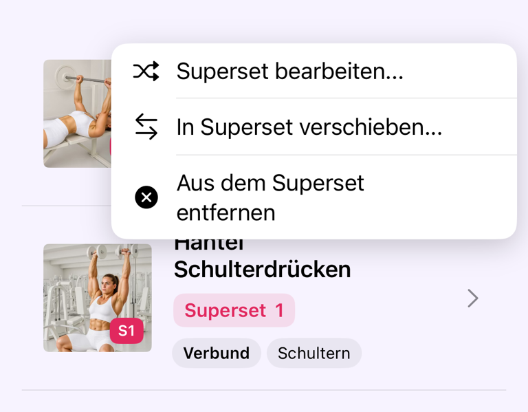 Aktionen zum Bearbeiten, Verschieben und Entfernen von Supersätzen