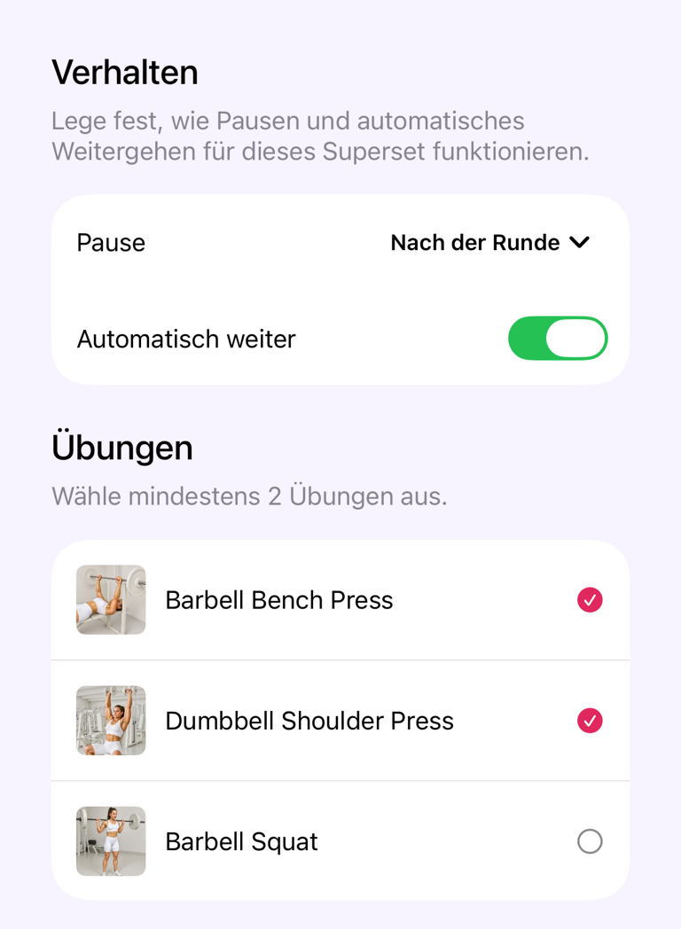 Supersatz-Bereich mit Verhalten und Übungen