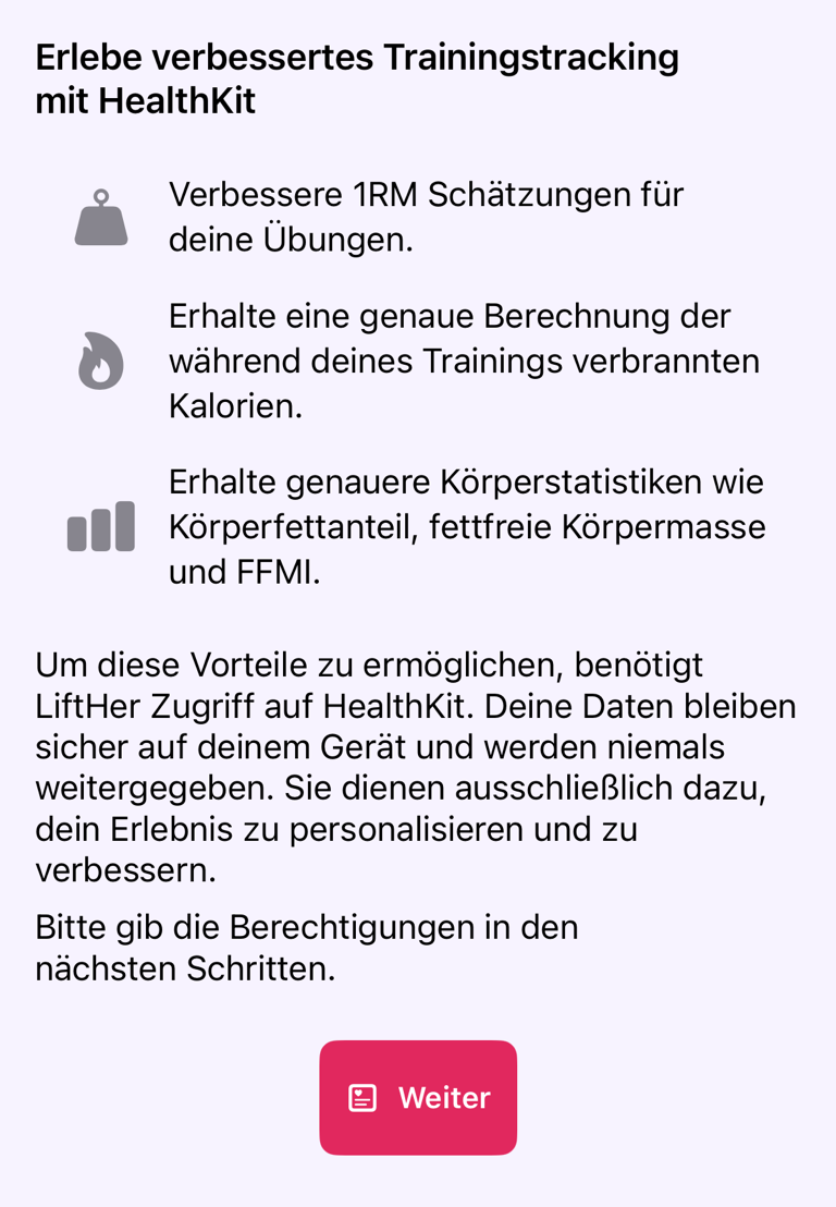 HealthKit-Infobildschirm vor der Abfrage von Berechtigungen