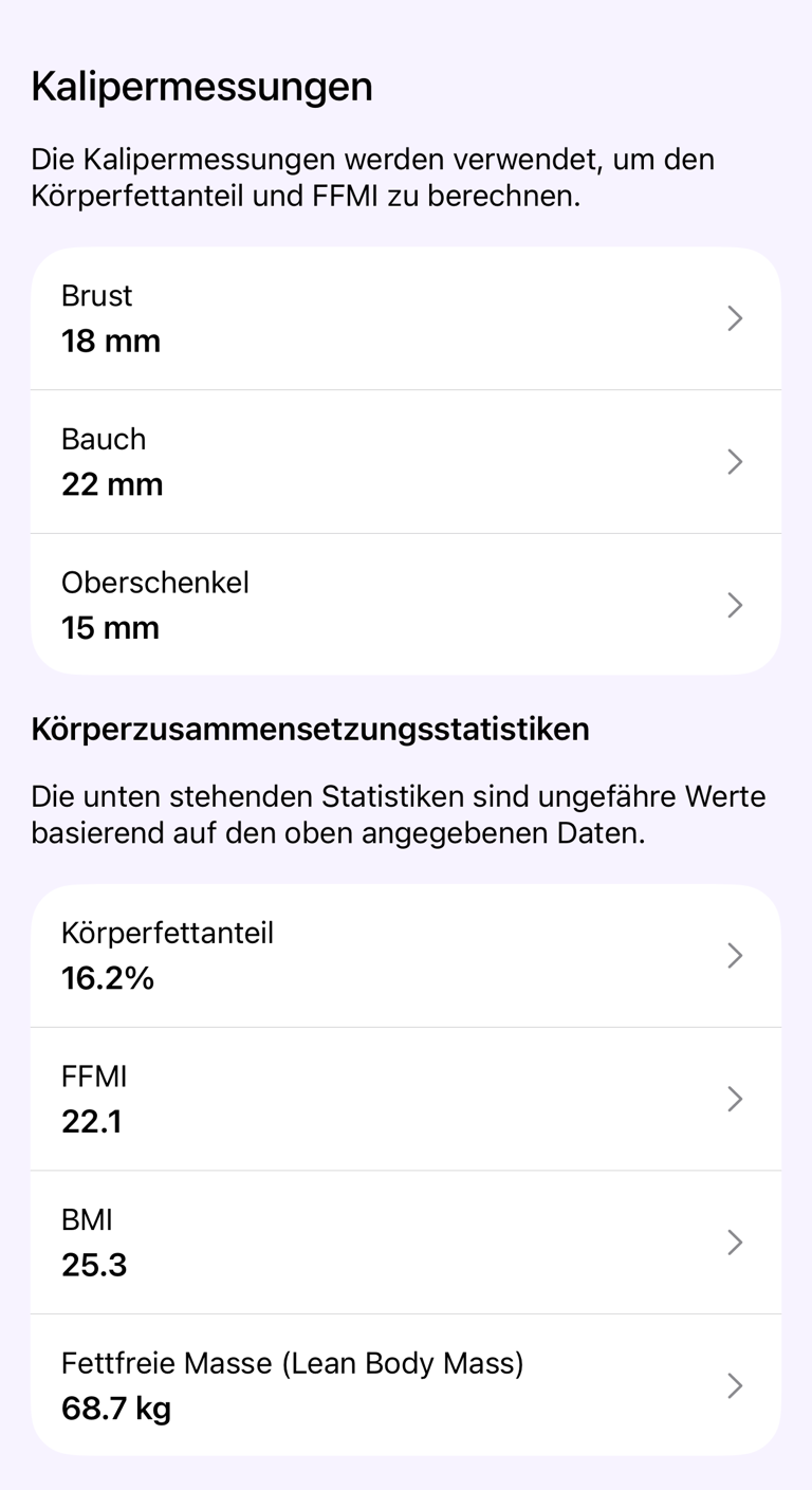 Bereich „Hautfaltenmessungen“