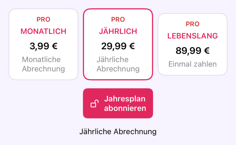 Planoptionen auf dem Pro-Bildschirm