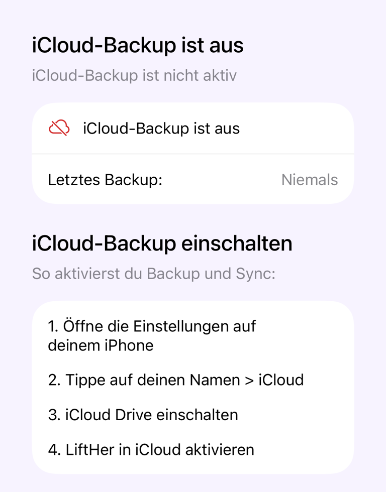 Deaktiviertes iCloud-Backup mit Anweisungen zum Aktivieren