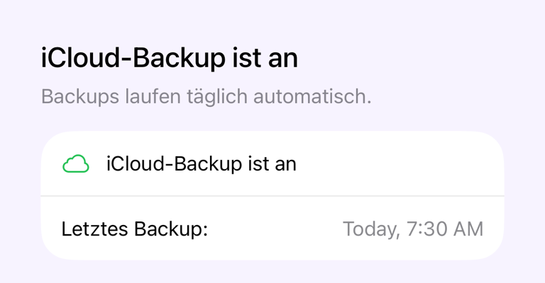 Bildschirm „iCloud-Backup“ mit Status und letztem Backup