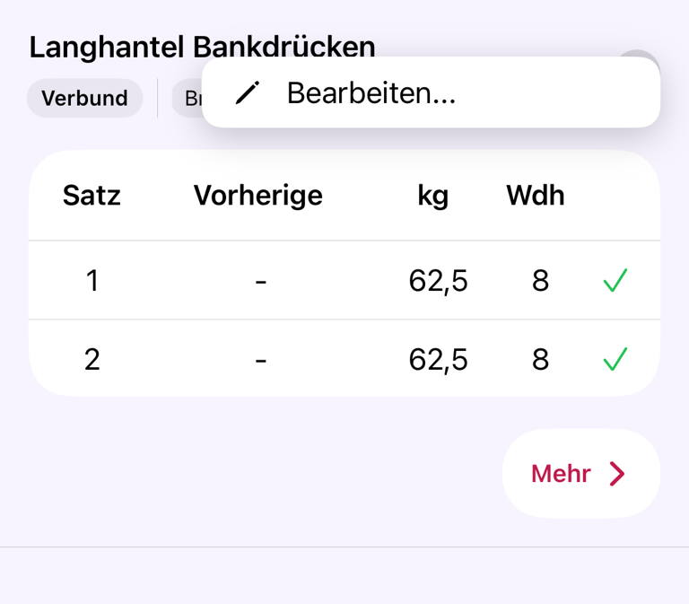 Übung in einem abgeschlossenen Training mit der Aktion Bearbeiten