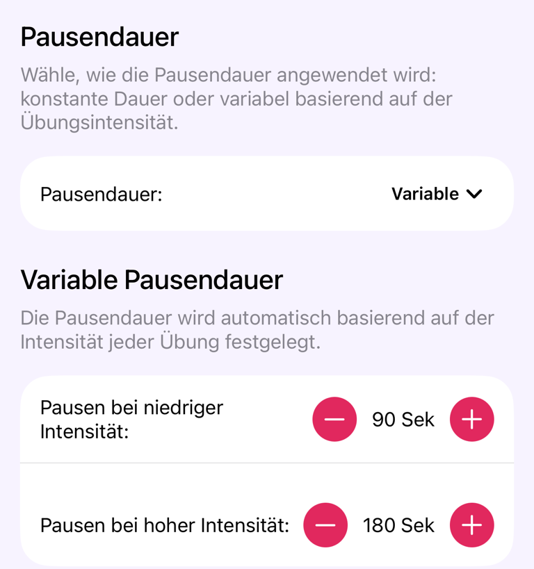 Pausentimer-Einstellungen mit Konfiguration der Pausendauer
