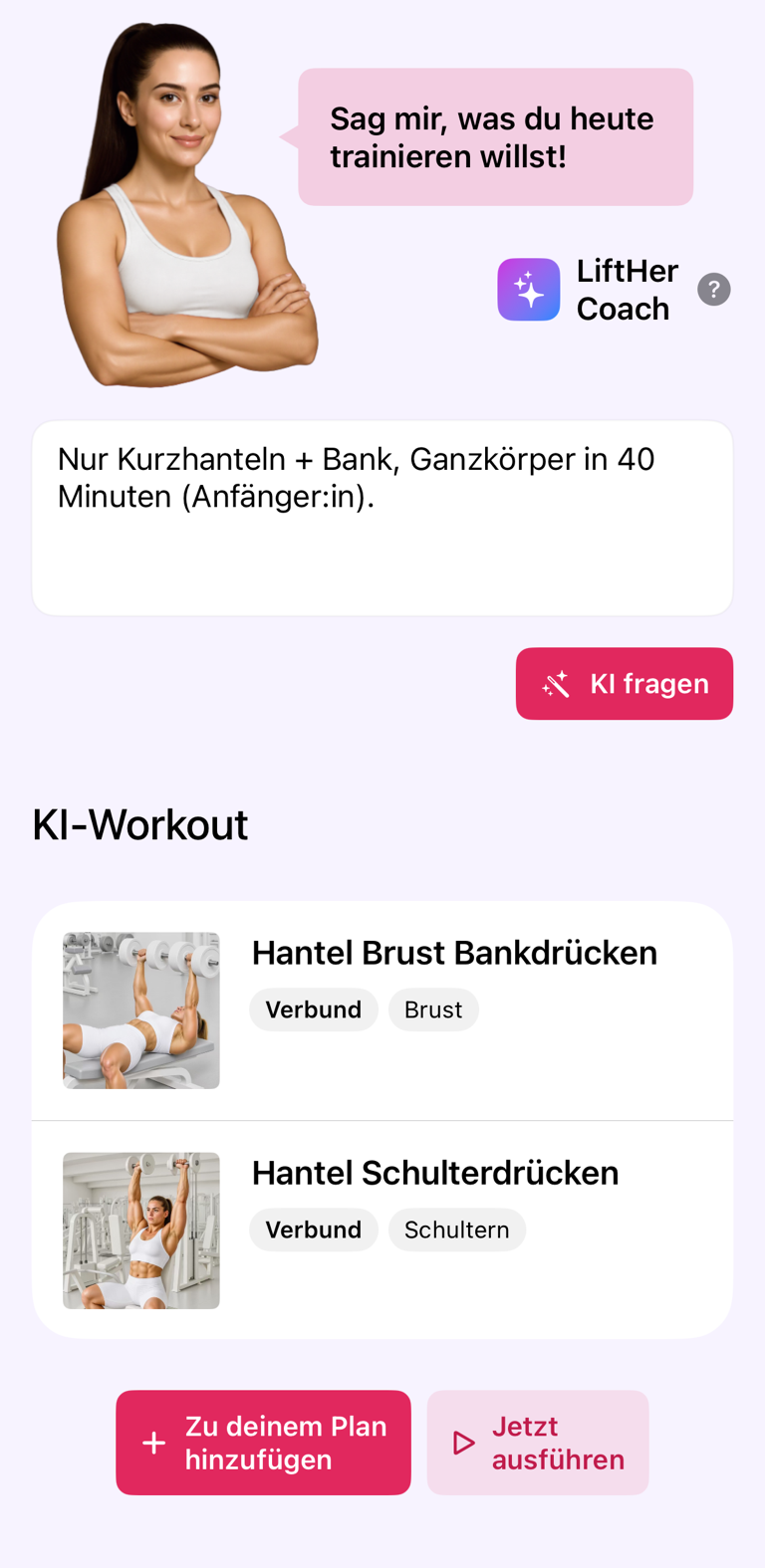 KI-Workout-Eingabe und erstelltes Workout