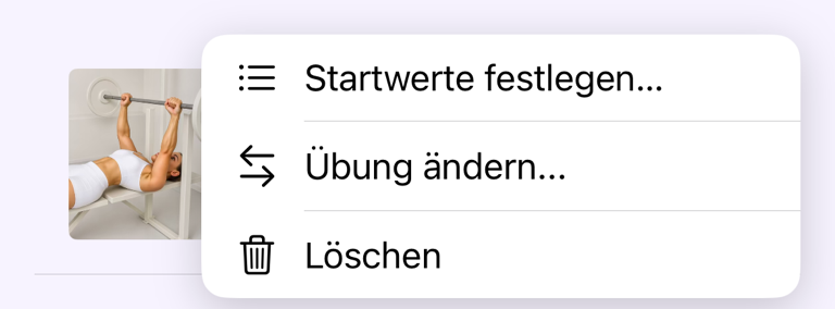 Übungsmenü im Trainingsplan mit Startwerte festlegen