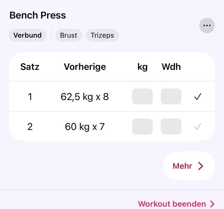 Satzwerte und Werte aus dem vorherigen Workout