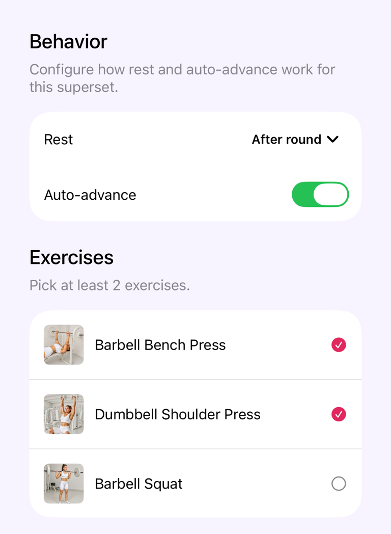 Superset sheet with behavior and exercises