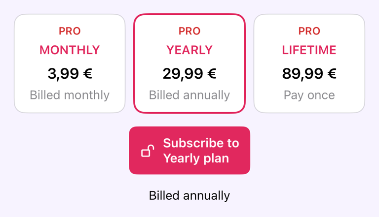 Plan options on the Pro screen