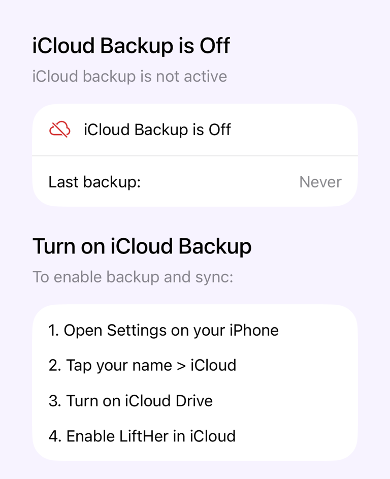iCloud Backup Off with instructions for enabling it