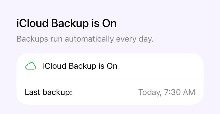 iCloud Backup screen with status and last backup