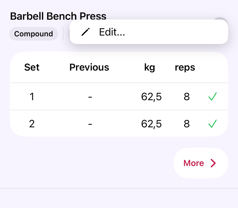 Completed workout exercise with its Edit action