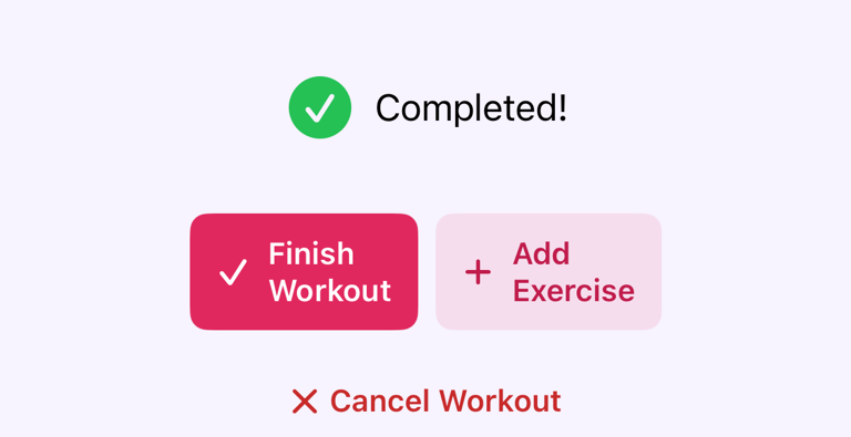 Final workout review with Finish Workout and Cancel Workout actions