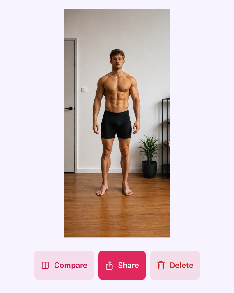 Progress photo detail with Compare, Share and Delete actions