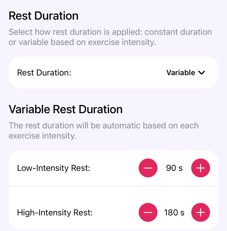 Rest Timer settings with duration configuration