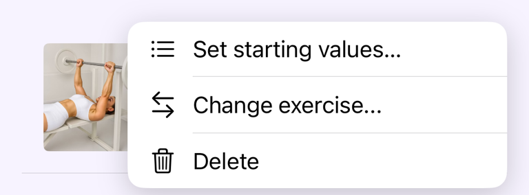 Workout plan exercise menu with Set starting values