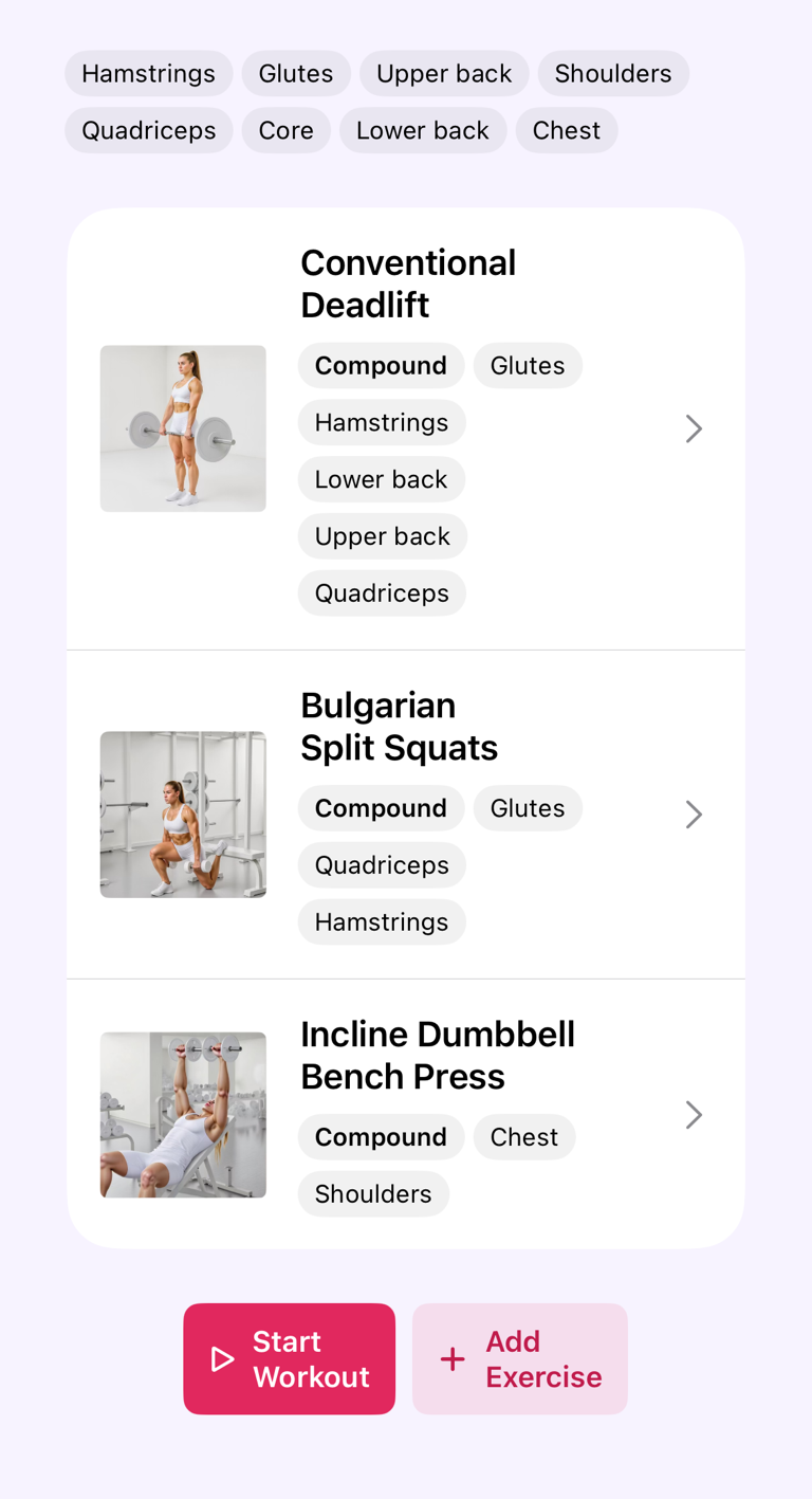 Workout plan with exercise rows