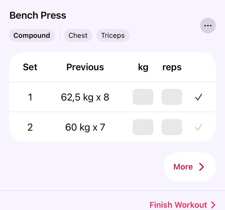Set values and previous workout values