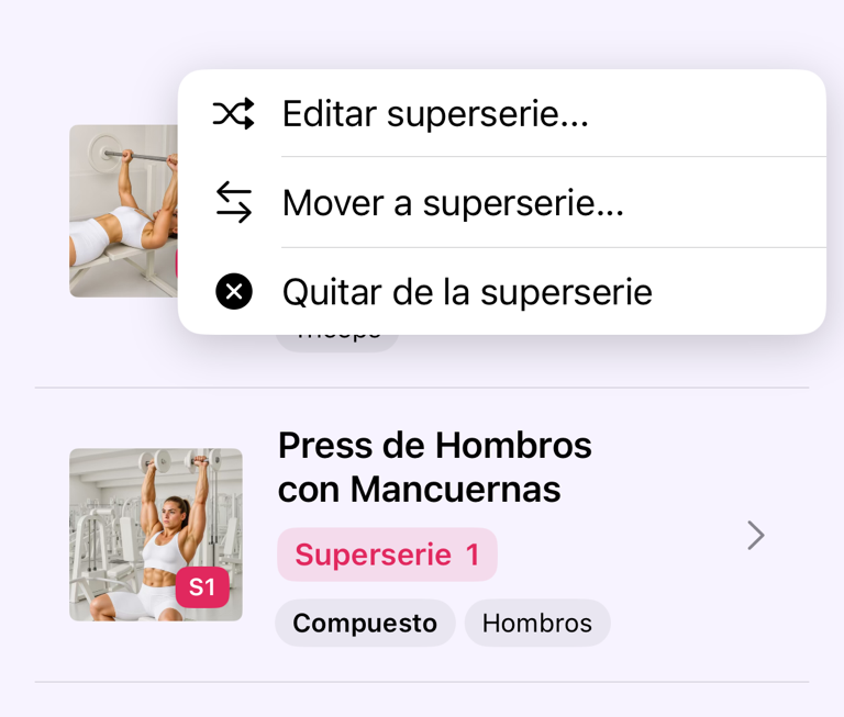 Acciones para editar, mover y quitar una superserie
