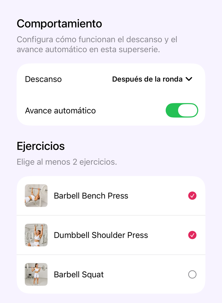 Hoja de superserie con comportamiento y ejercicios