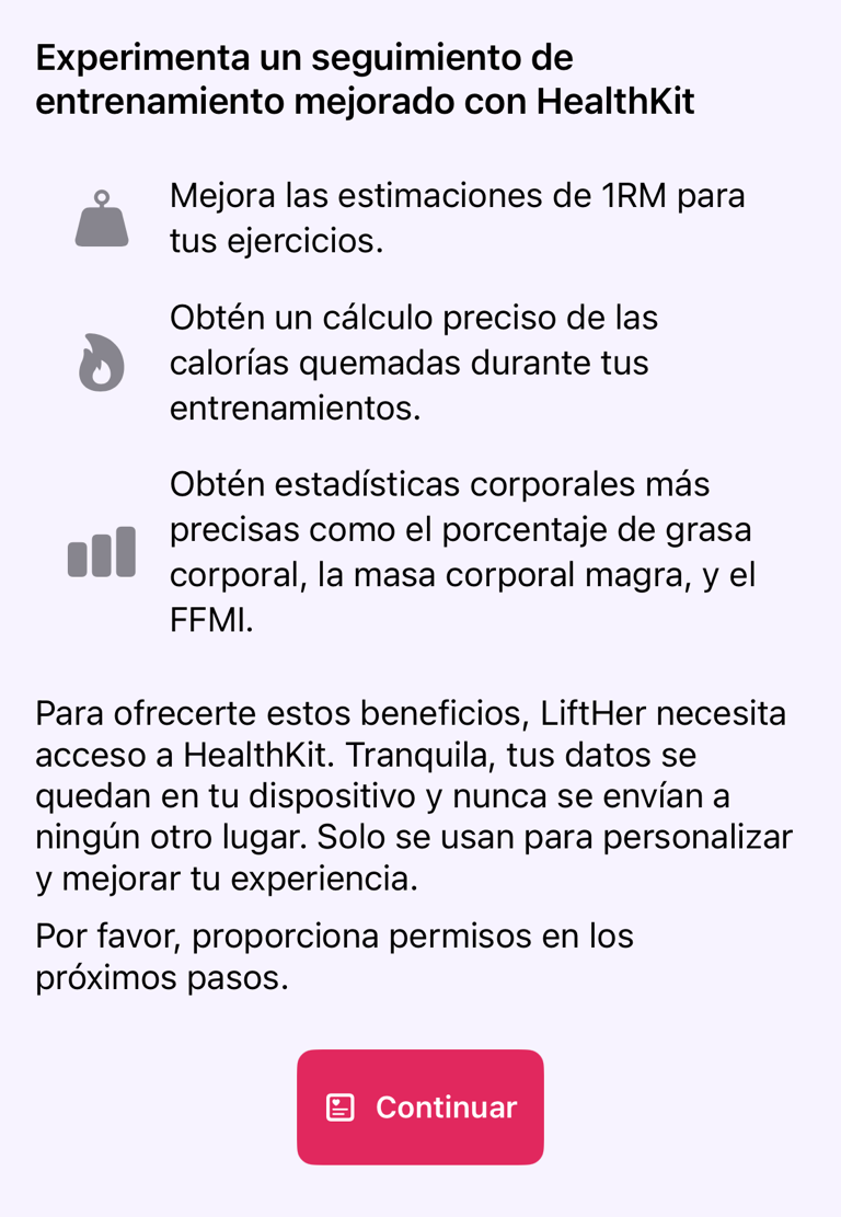 Pantalla de información de HealthKit antes de solicitar permisos