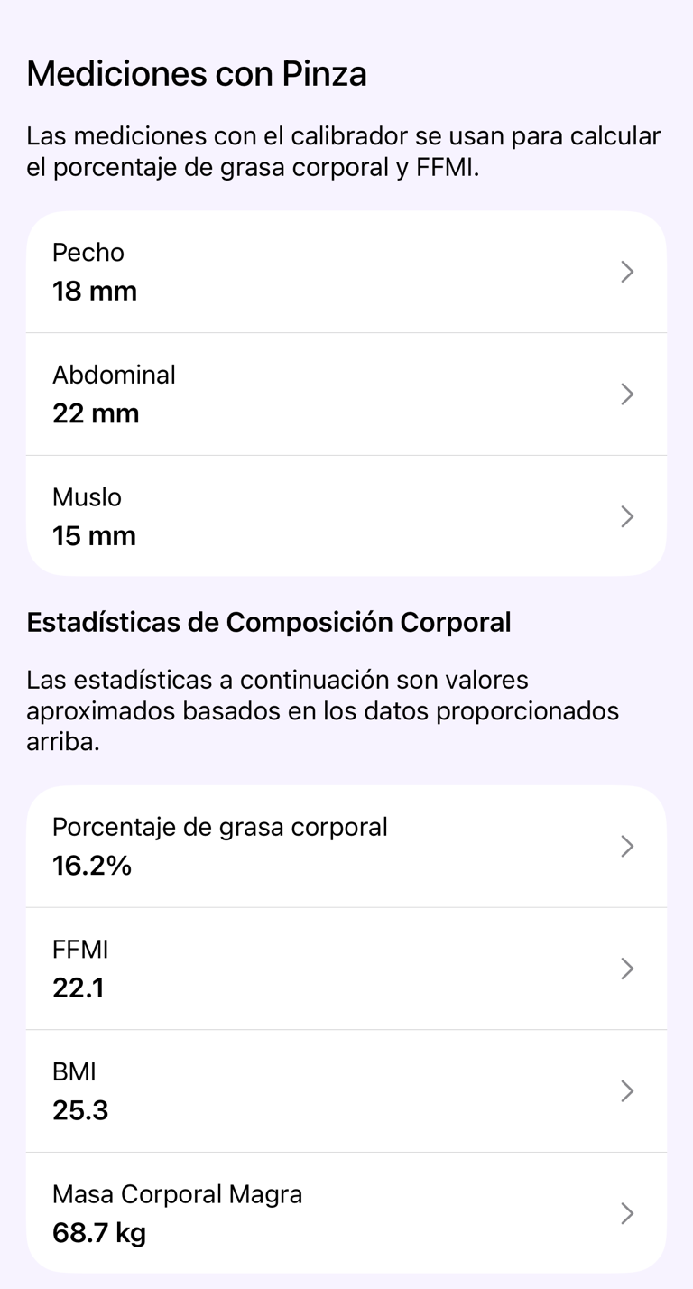 Sección Mediciones con plicómetro