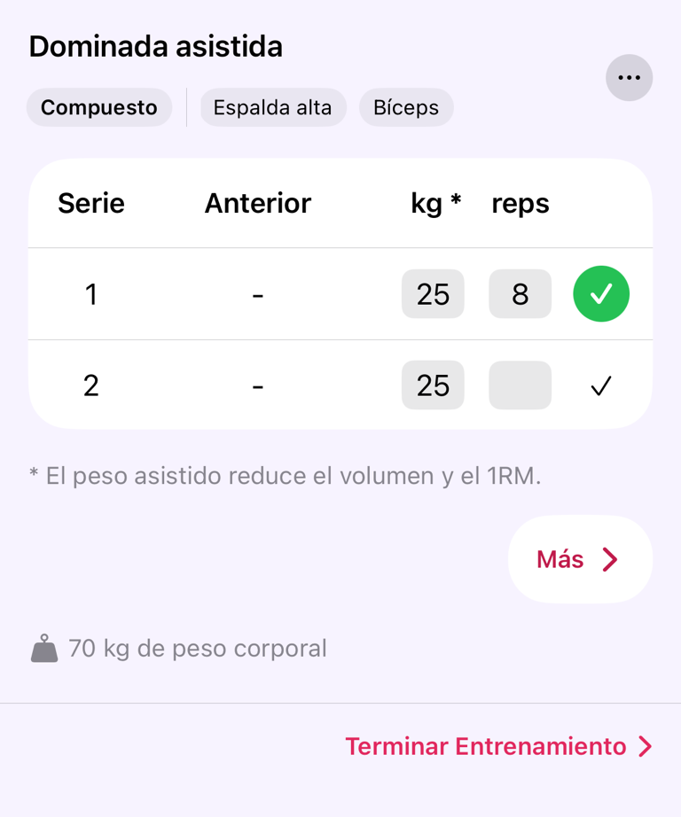 Serie de ejercicio asistido con peso de asistencia y repeticiones