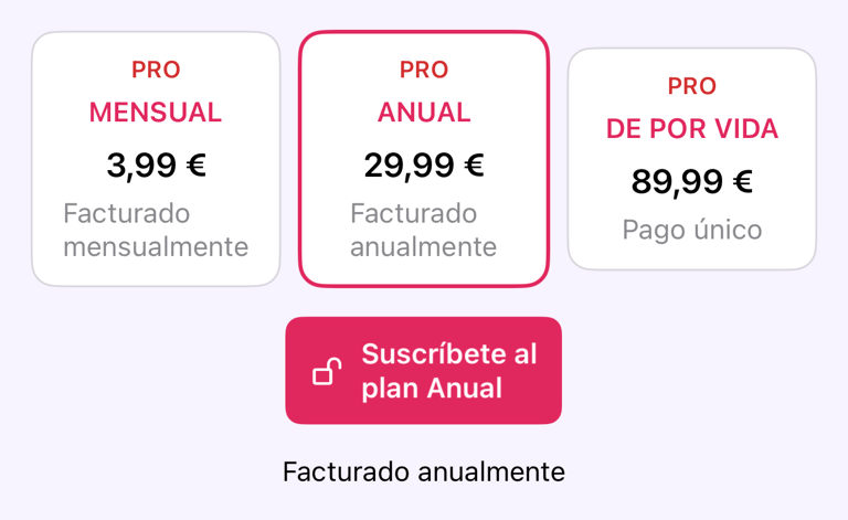 Opciones de planes en la pantalla Pro