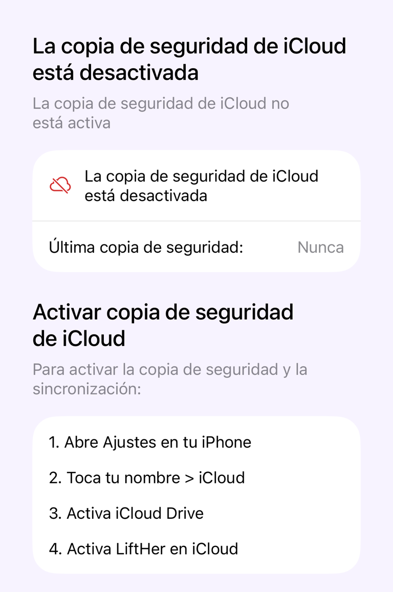 Copia de seguridad de iCloud desactivada con instrucciones para activarla