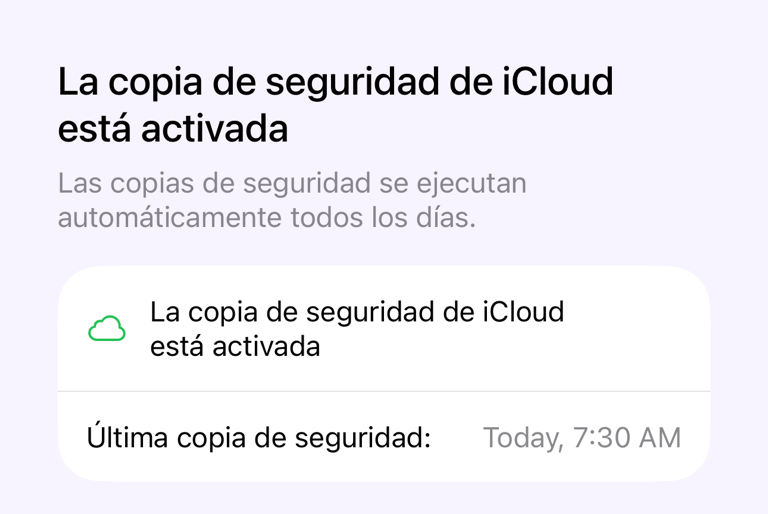 Pantalla de Copia de seguridad de iCloud con estado y última copia