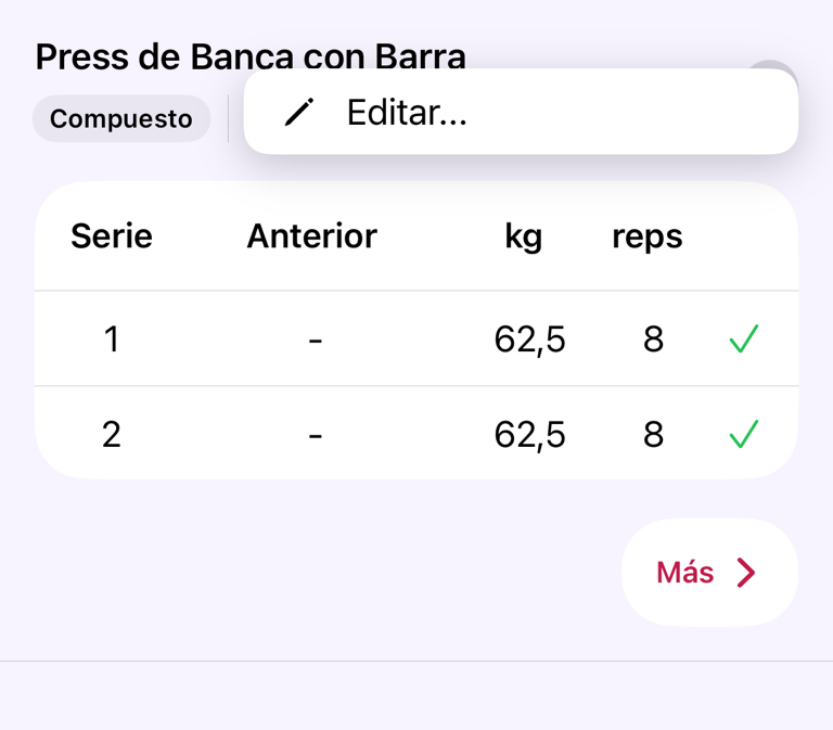 Ejercicio de un entrenamiento completado con la acción Editar