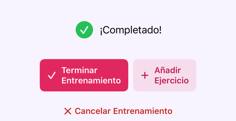 Revisión final del entrenamiento con las acciones Terminar entrenamiento y Cancelar entrenamiento