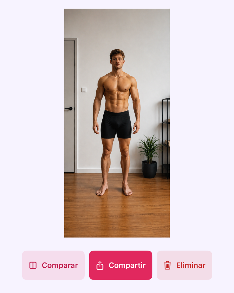 Detalle de foto de progreso con las opciones Comparar, Compartir y Eliminar