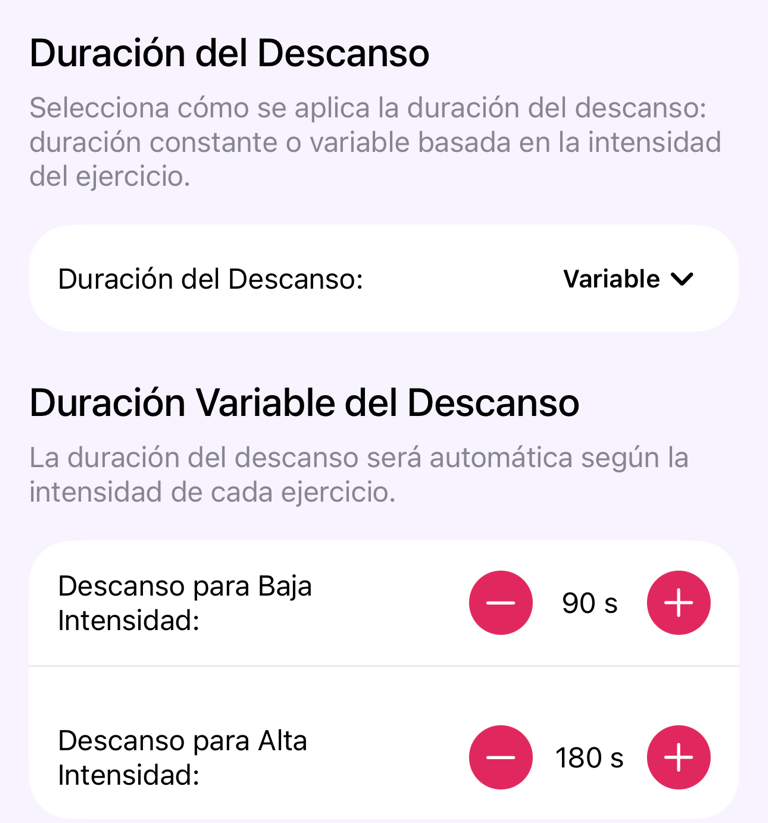 Ajustes del temporizador de descanso con la configuración de duración