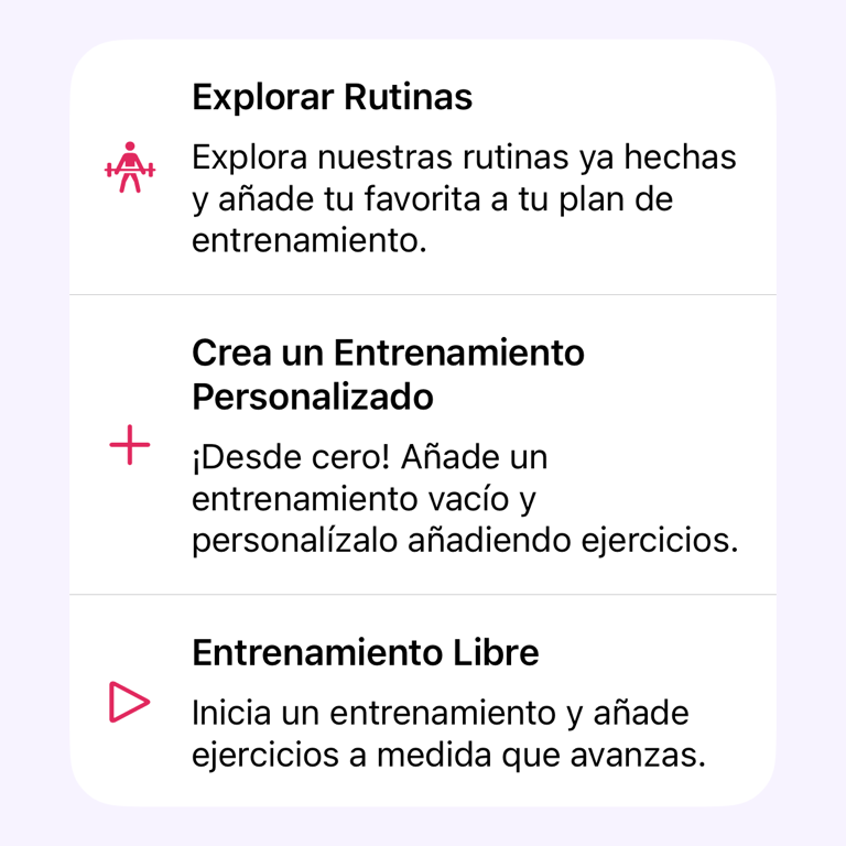 Opciones para iniciar un entrenamiento