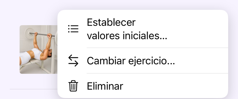 Menú de ejercicio del plan de entrenamiento con Definir valores iniciales