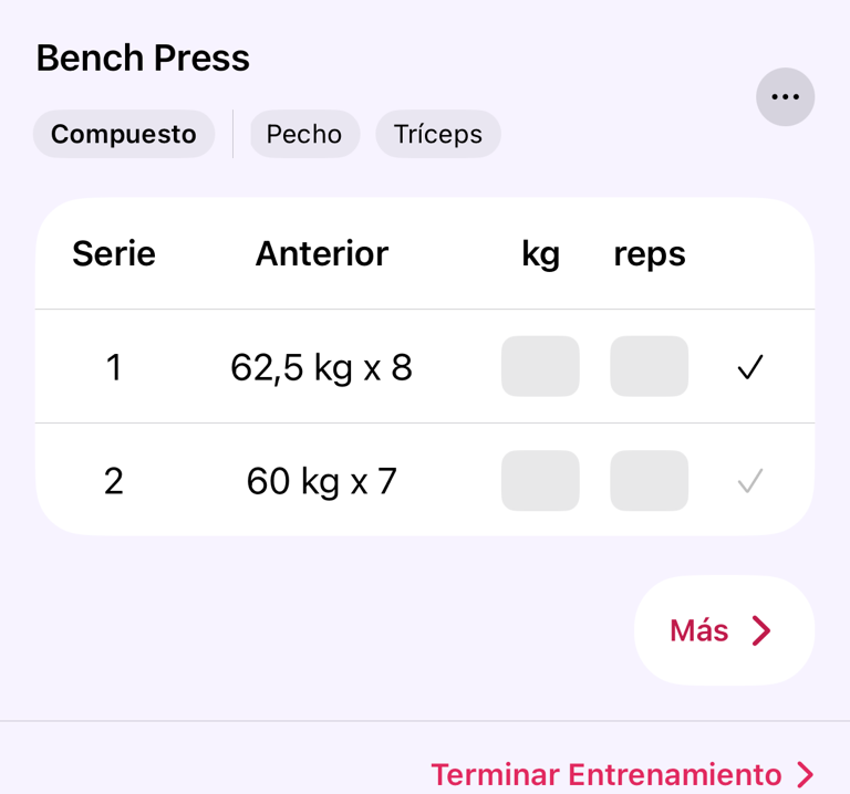 Valores de serie y valores del entrenamiento anterior