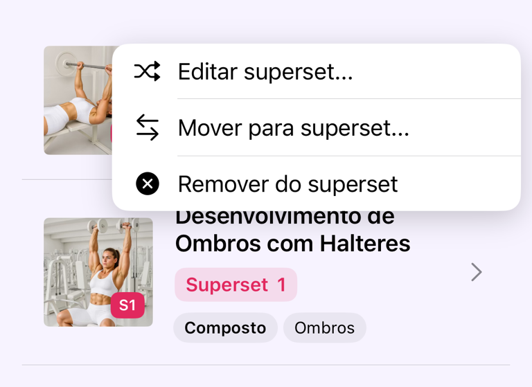 Ações para editar, mover e remover superséries