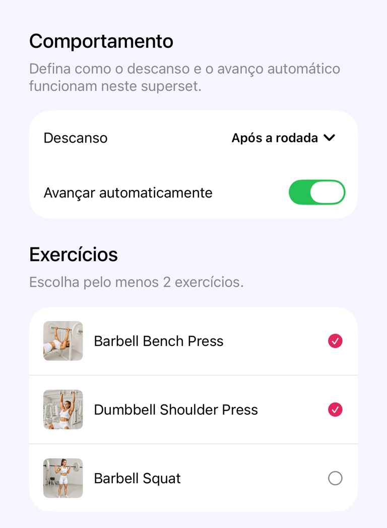 Tela de supersérie com comportamento e exercícios