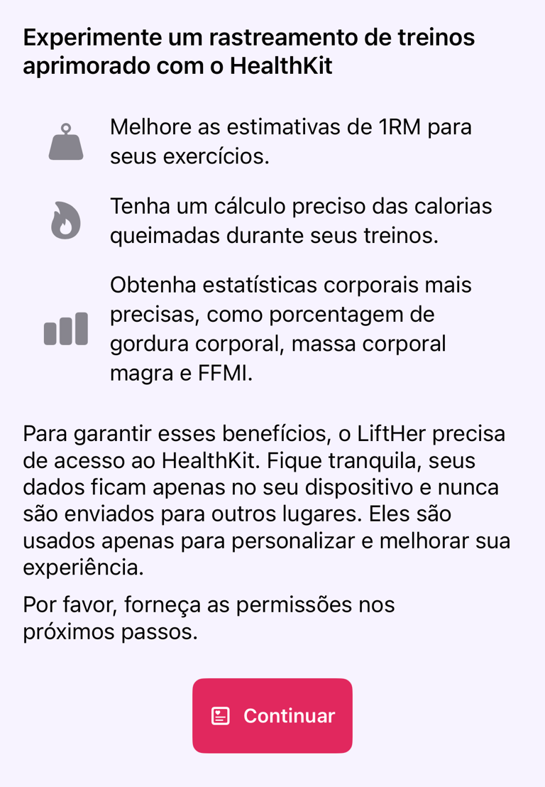 Tela de informações do HealthKit antes de solicitar permissões