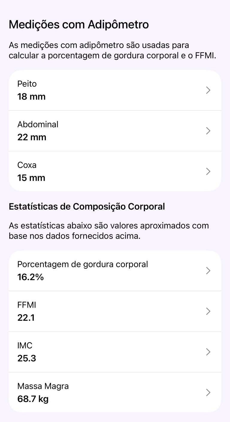 Seção Medições com adipômetro
