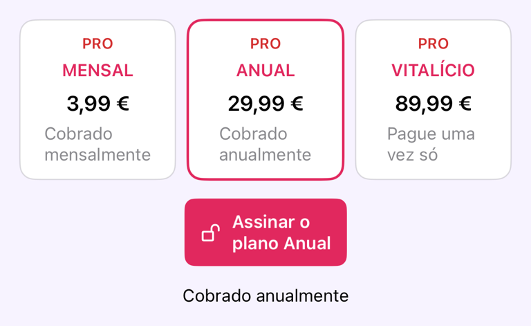 Opções de plano na tela Pro