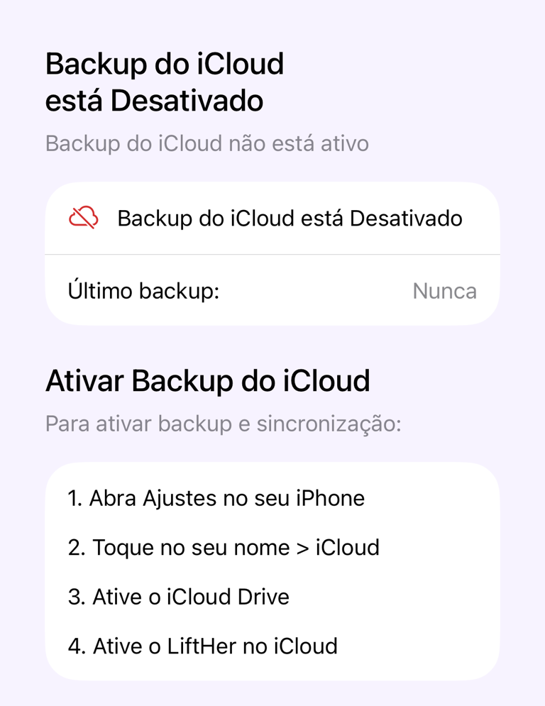Backup do iCloud desativado com instruções para ativá-lo