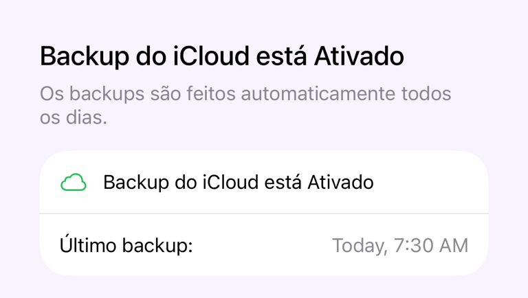 Tela de Backup do iCloud com status e último backup