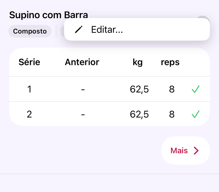 Exercício de treino concluído com a ação Editar