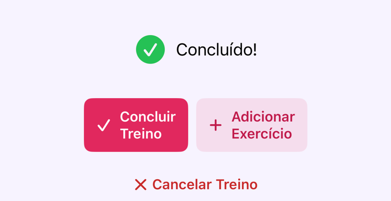 Revisão final do treino com as ações Finalizar treino e Cancelar treino