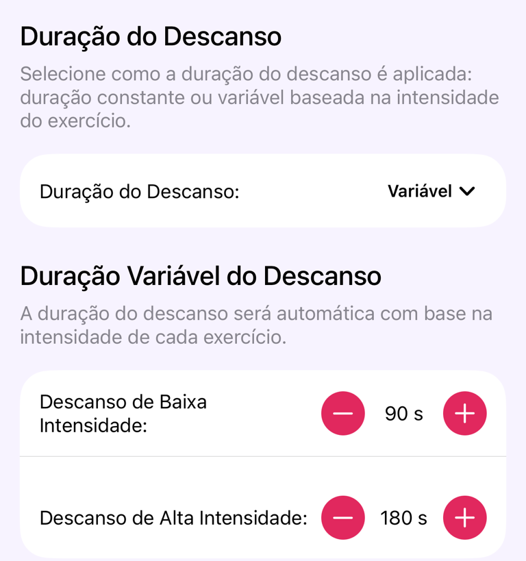 Ajustes do Temporizador de Descanso com configuração de duração