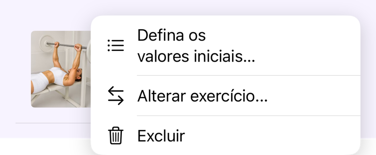 Menu de exercício do plano de treino com Definir valores iniciais
