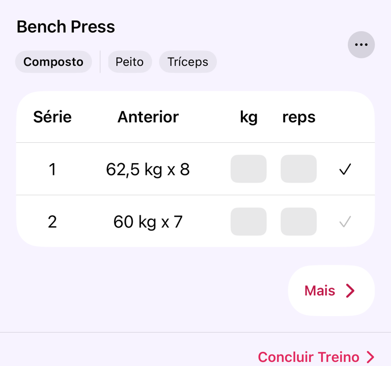 Valores da série e valores do treino anterior